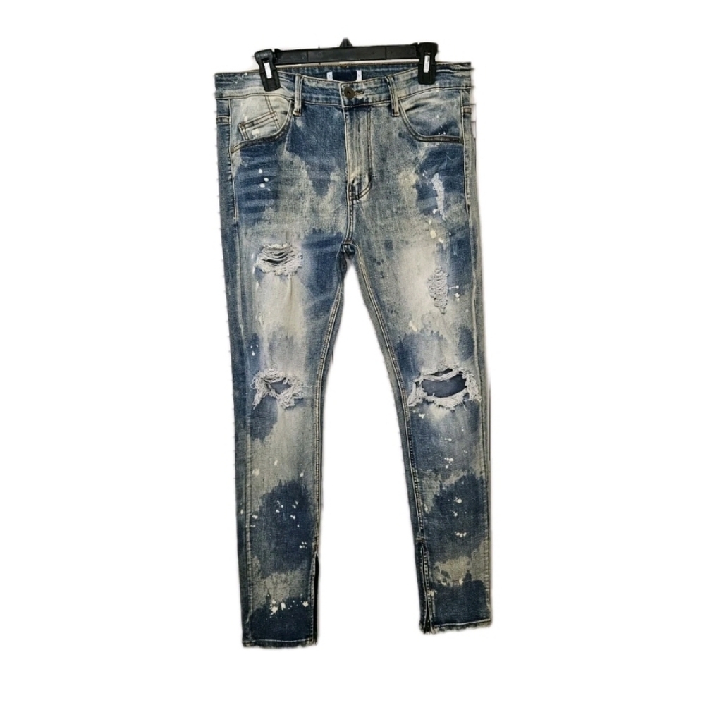 Distressed ripped blue denim acid wash skinny jeans outer leg zipper Mens 34 NEW